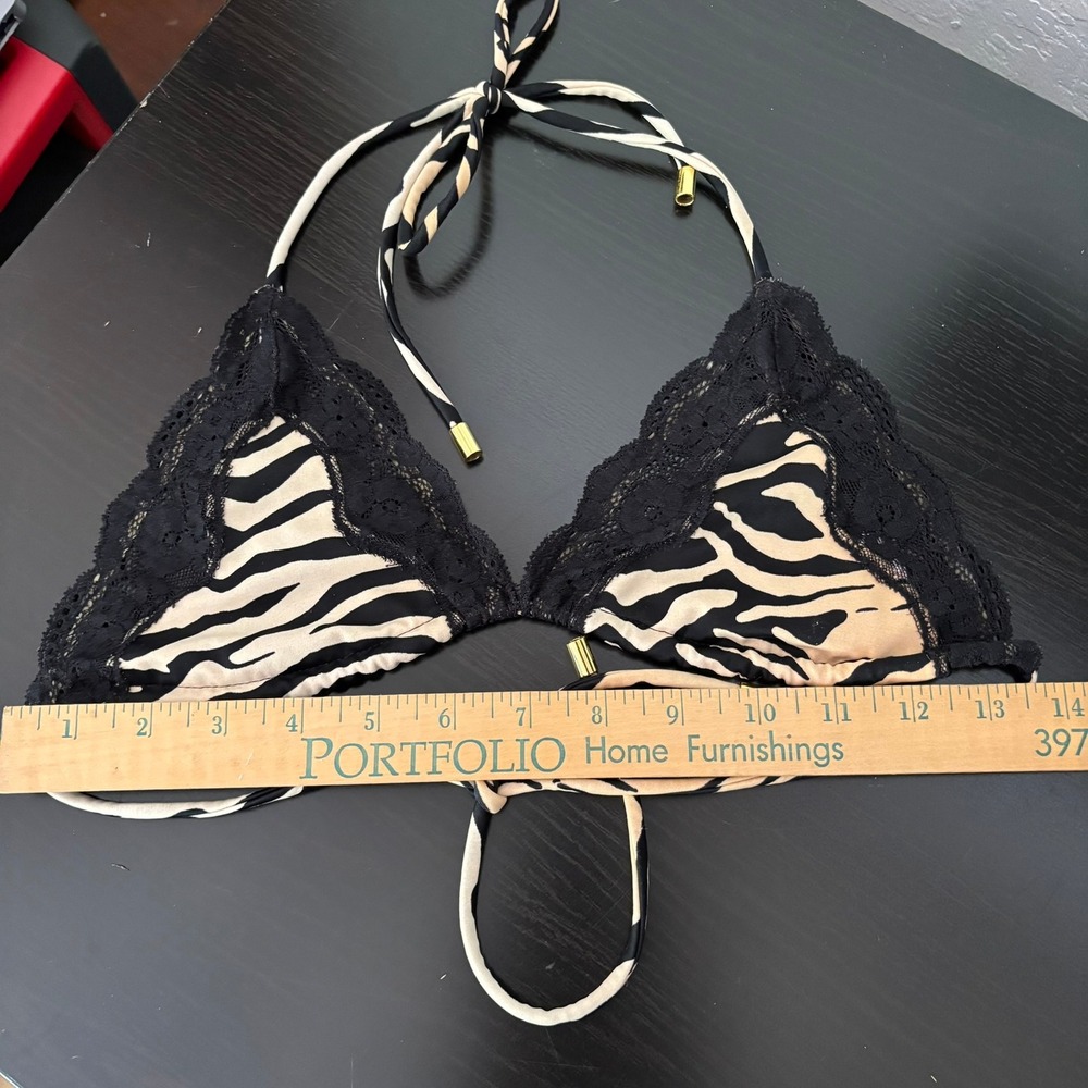 Early 2000s Victorias Secret Zebra Print Lace Bikini Set Triangle Side Tie M Y2K - Picture 9 of 16